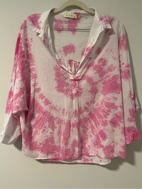 Stark X Pink Tie-Dye V-Neck Tunic Blouse 100% Cotton